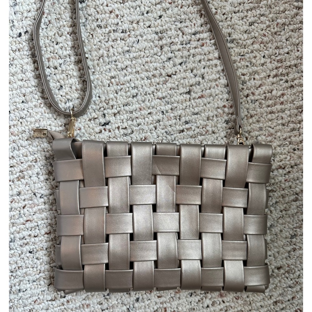 Anthropologie Lindy Woven Metallic Crossbody Bag Pewter Gold Basketweave Clutch